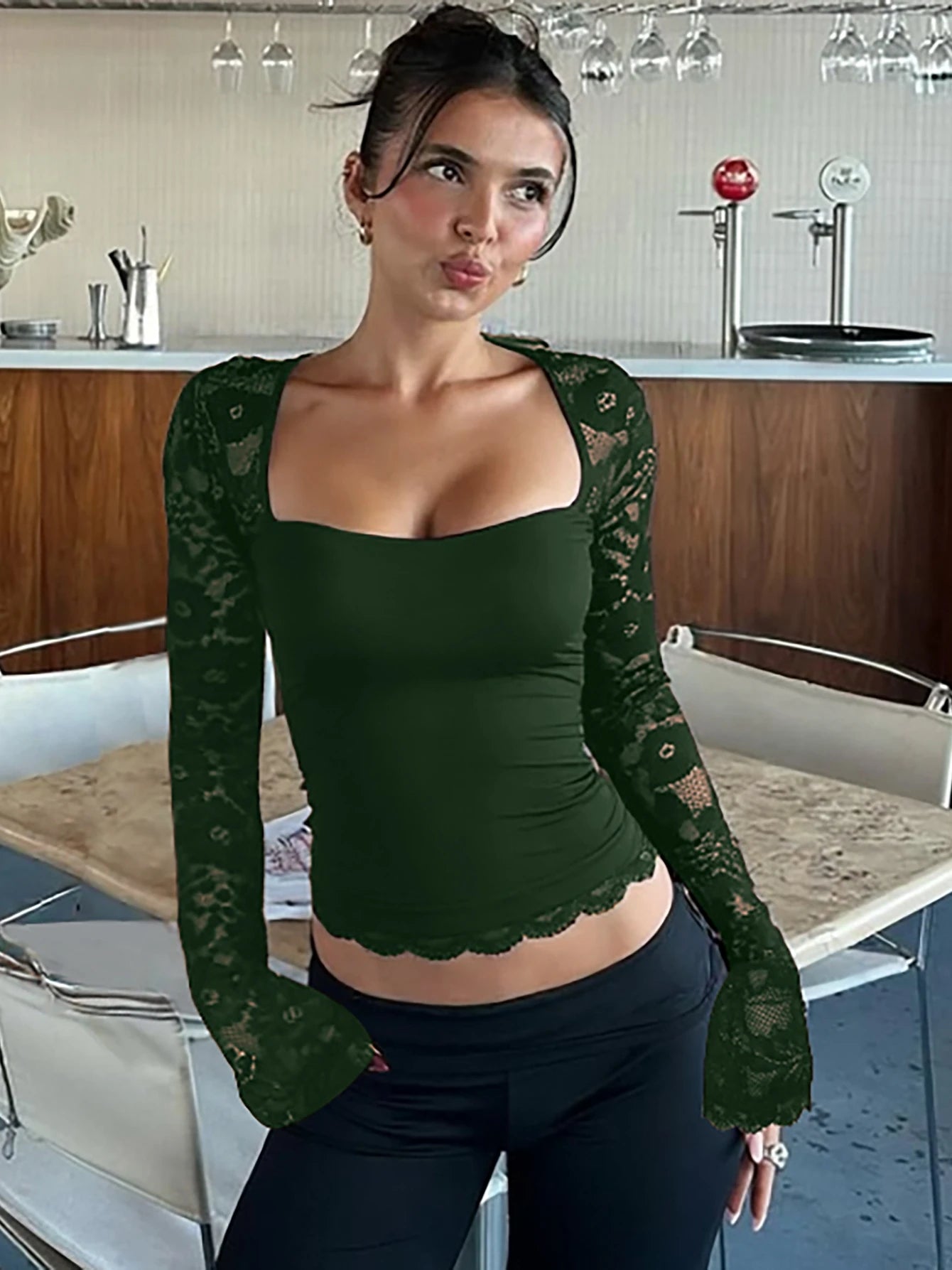 Hugcitar Women Fashion Square Collar Patchwork Lace Long Sleeve Sexy Crop T-Shirt Top Sheer Summer Vacation Clothes Night Club