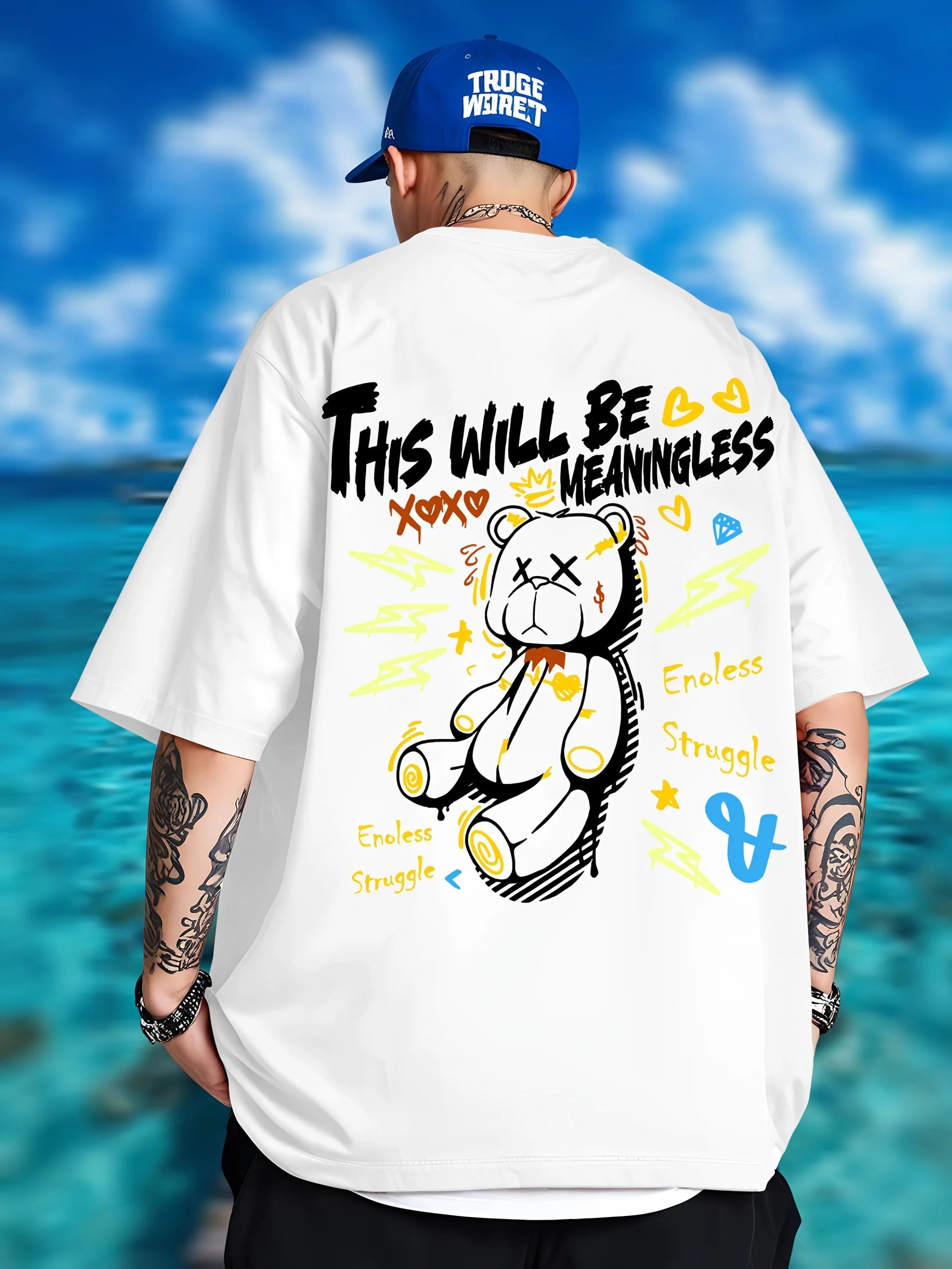 Summer men's fashionable teddy bear print breathable and comfortable round neck T-shirt outdoor street style top
