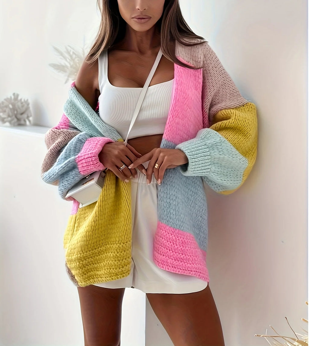 Cardigan Femme Automne Hiver - Gilet Tricot Couleurs Contrastées