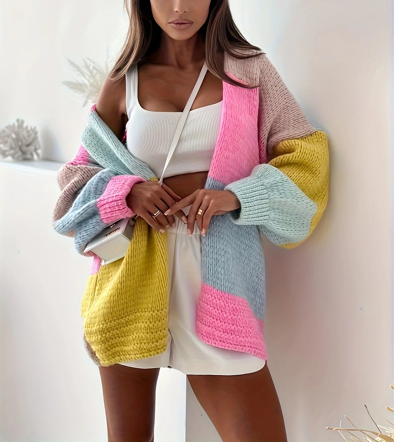 Cardigan Femme Automne Hiver - Gilet Tricot Couleurs Contrastées