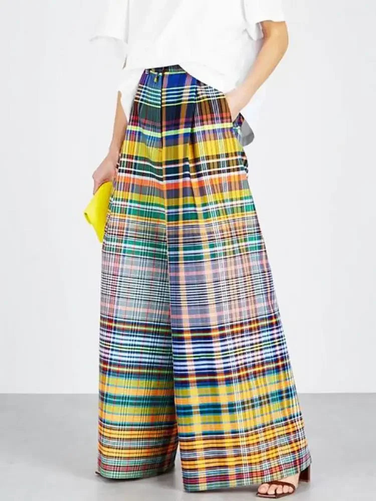 Women's Vintage Wide Leg Trousers – High Waist Checkered
