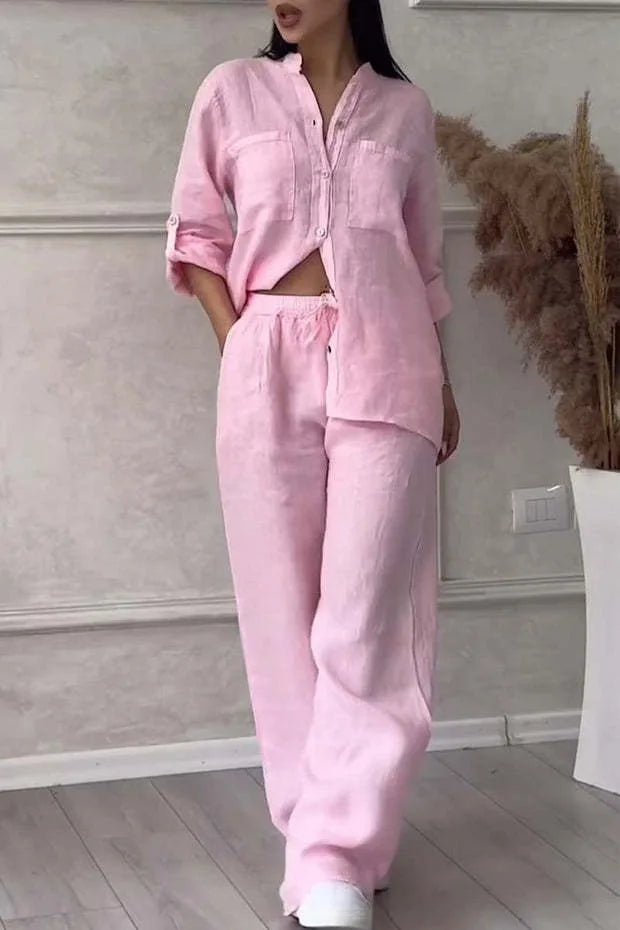 Ensemble femme en lin et coton – Chemise col V manches longues + Pantalon large taille mi-haute