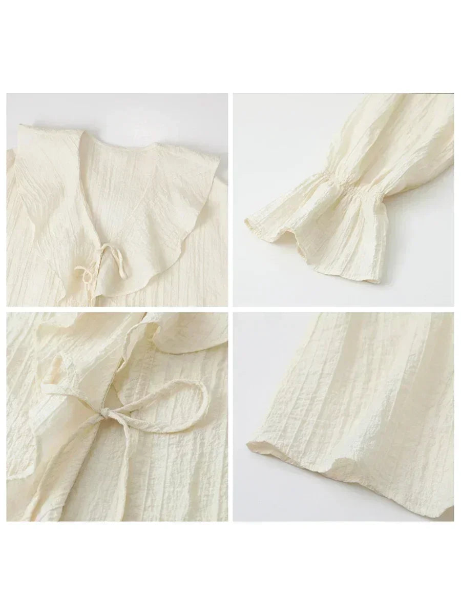 CHIC VEN Women Shirt Loose Casual Ruffled Edges Female Blouses Solid V Neck Lace Up Mid Length Ladies Shirts Spring Summer 2026