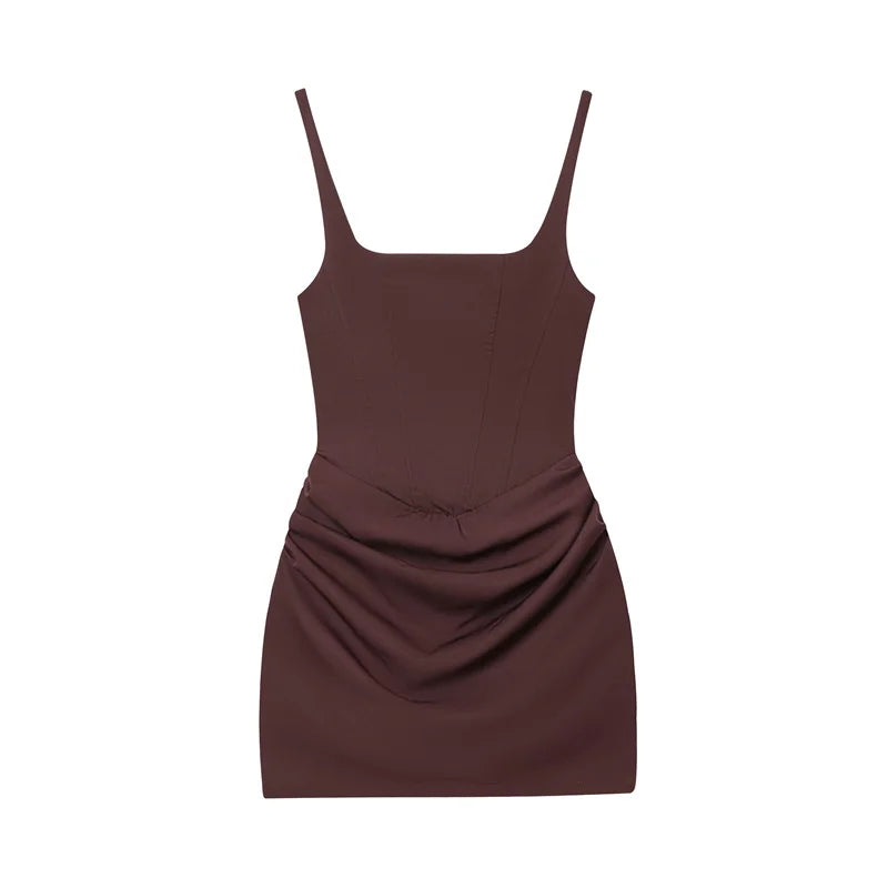 Women's Dress 2026 Autumn New Arrivals Reddish-Brown Spaghetti Strap Sexy Bodycon Mini Dress with Tie Details Stylish and Unique