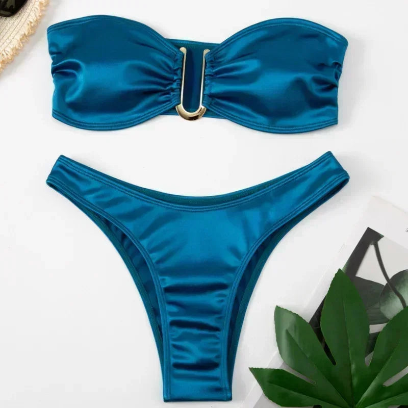 High Waist Bandeau Bikini Set – Push-Up Swimsuit for Women