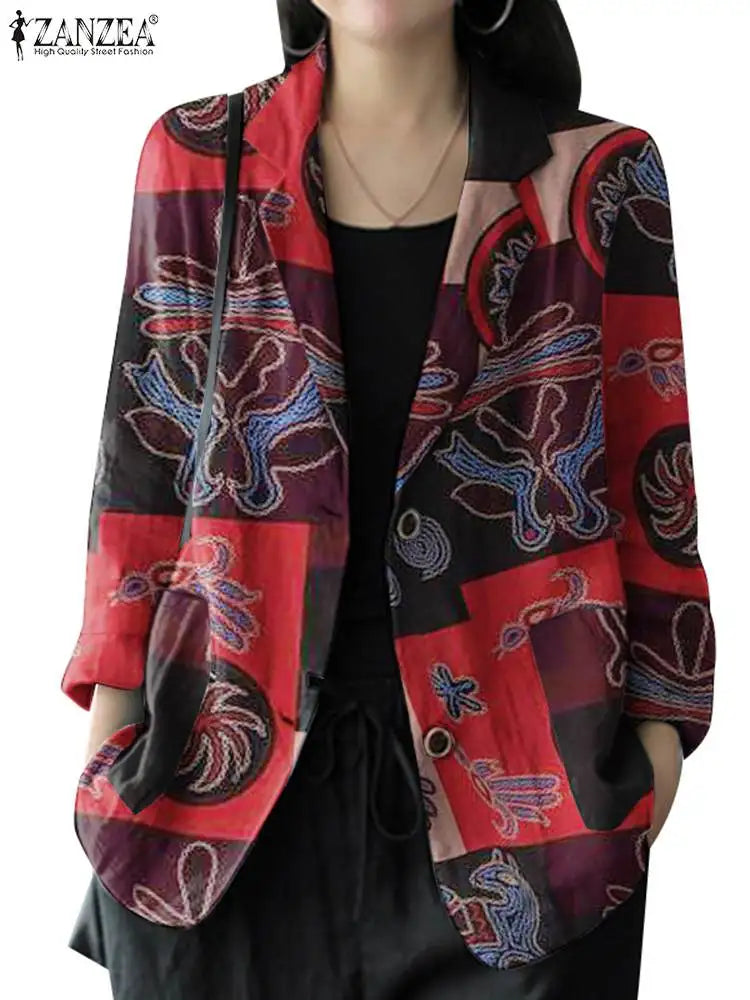 Women's Vintage Printed Blazer – Long Sleeves, Cotton, Autumn/Winter