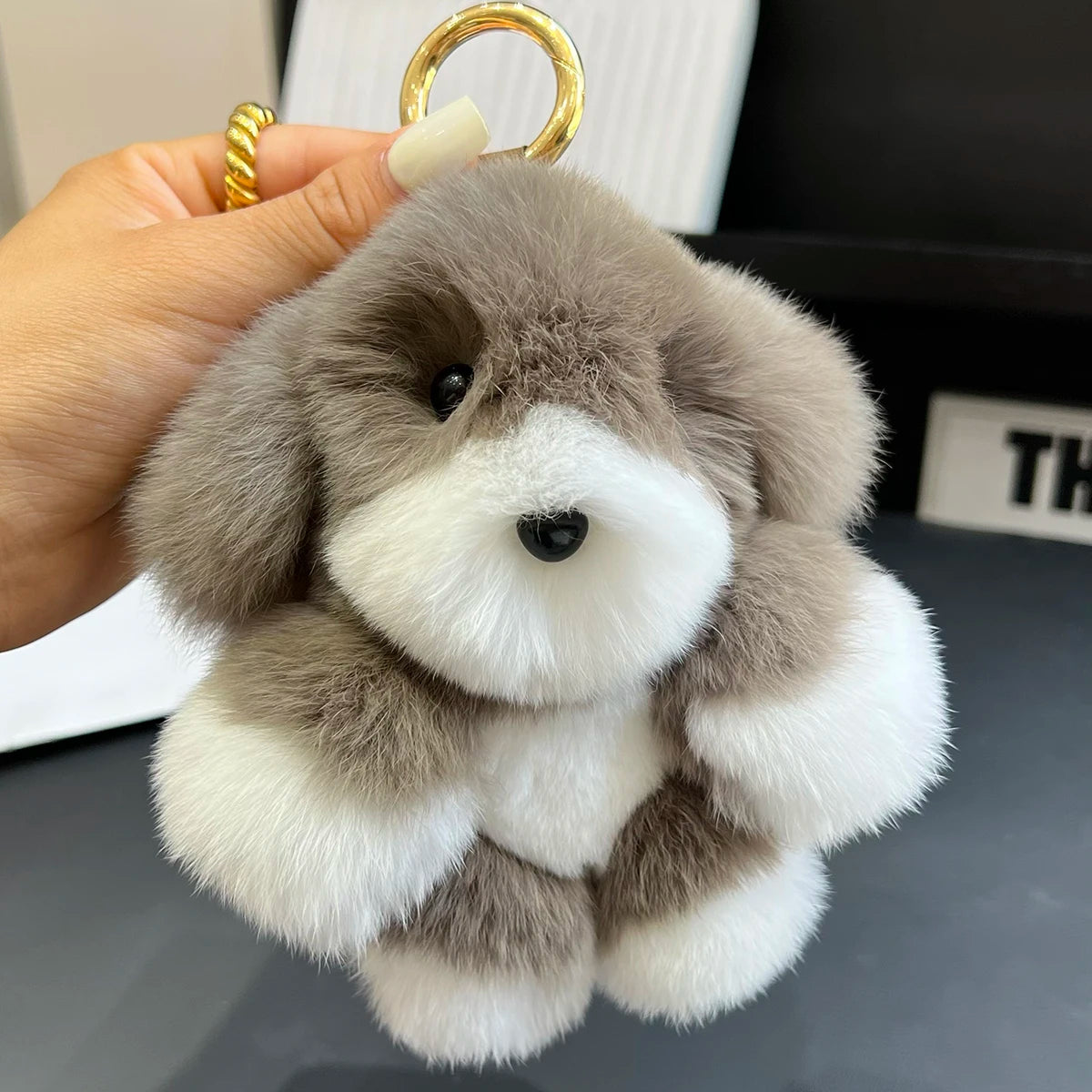 Genuine Rabbit Fur Pom-Pom Keychain – Cute Plush Dog | Bag Charm