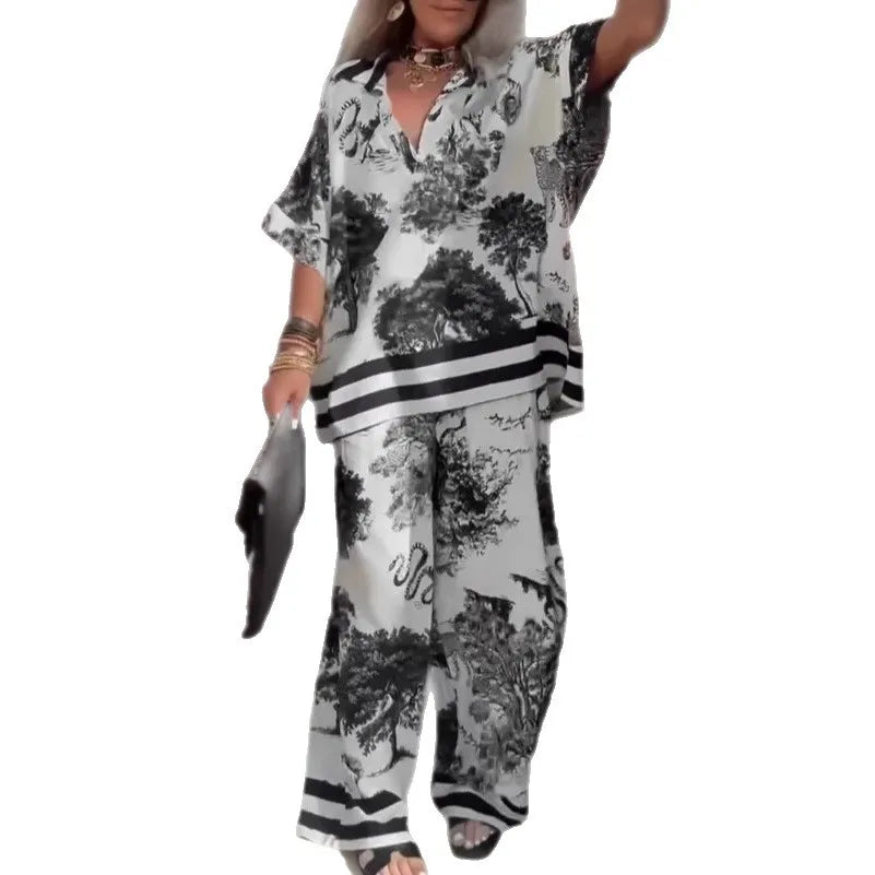 2026 American New Fashion Women's Loose Casual Trendy Printed 2 Piece Sets V-neck Short Sleeve Pullover T-shirts Wide Leg Pants