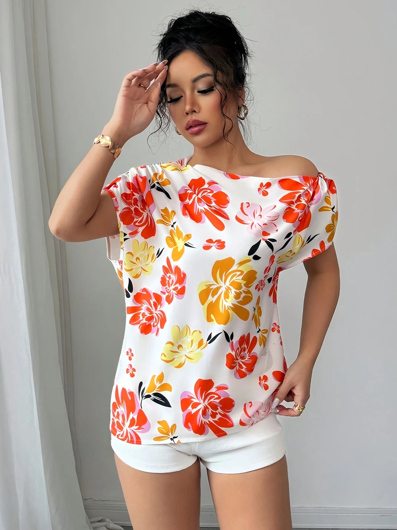 Fashionable Elegant Shoulder Design Floral Print Gentle Versatile Women's Top Stylish Trendy Ladies' Shirt