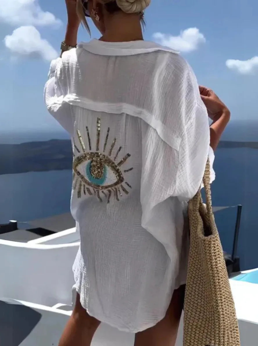 2026 Spring Oversize Women Shirt White Print Turn-down Collar Long Sleeve Loose Blouses Female Casual Trendy Beach Lday Clothes