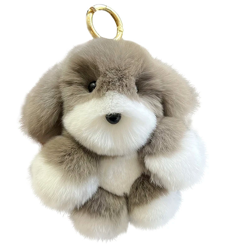 Genuine Rabbit Fur Pom-Pom Keychain – Cute Plush Dog | Bag Charm