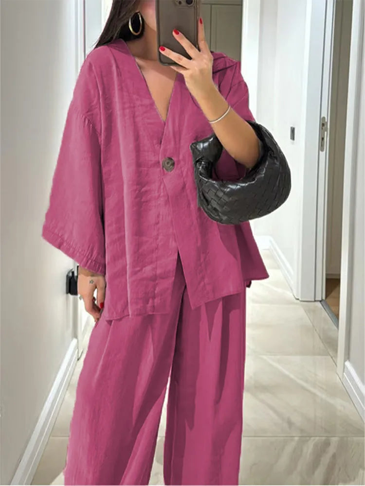 Casual Solid Cotton Linen Loose Shirt Pants Set Women Single Breasted Blouses Wide Leg Pants Suits Spring Summer Lady Outfits