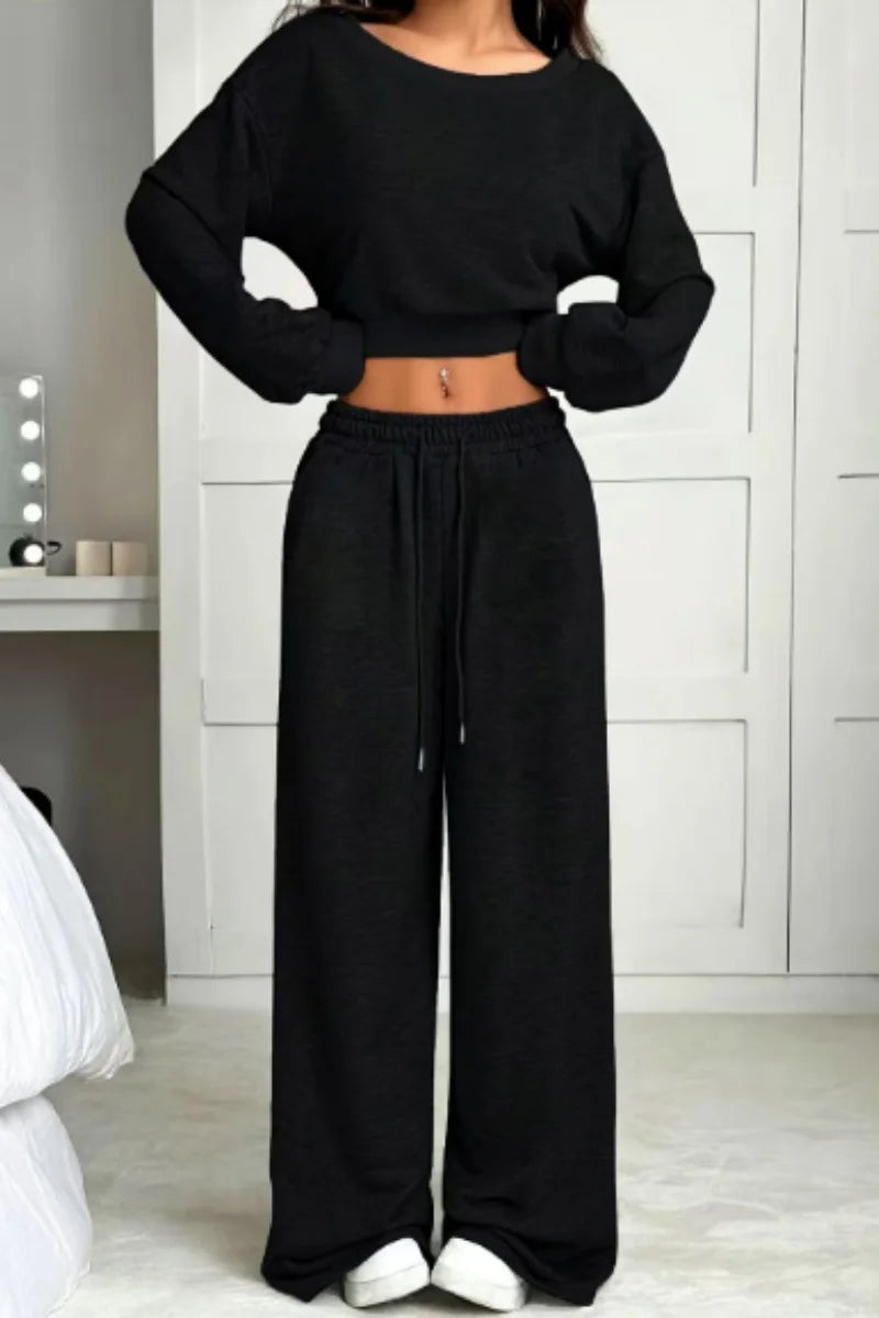 Ensemble oversize pour femme, idéal pour l'automne et l'hiver, avec épaules dénudées et manches longues, couleur unie. Taille élastiquée avec cordon de serrage.