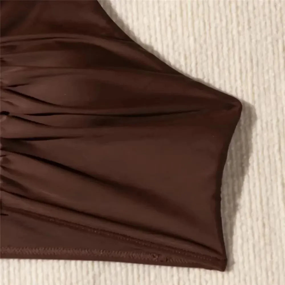 Dark Brown Solid Swimwears Halter String Push Up Bikini High Waist 2026 Ruched Sexy Swimsuit Swimming Suit Bikinis Sets Woman