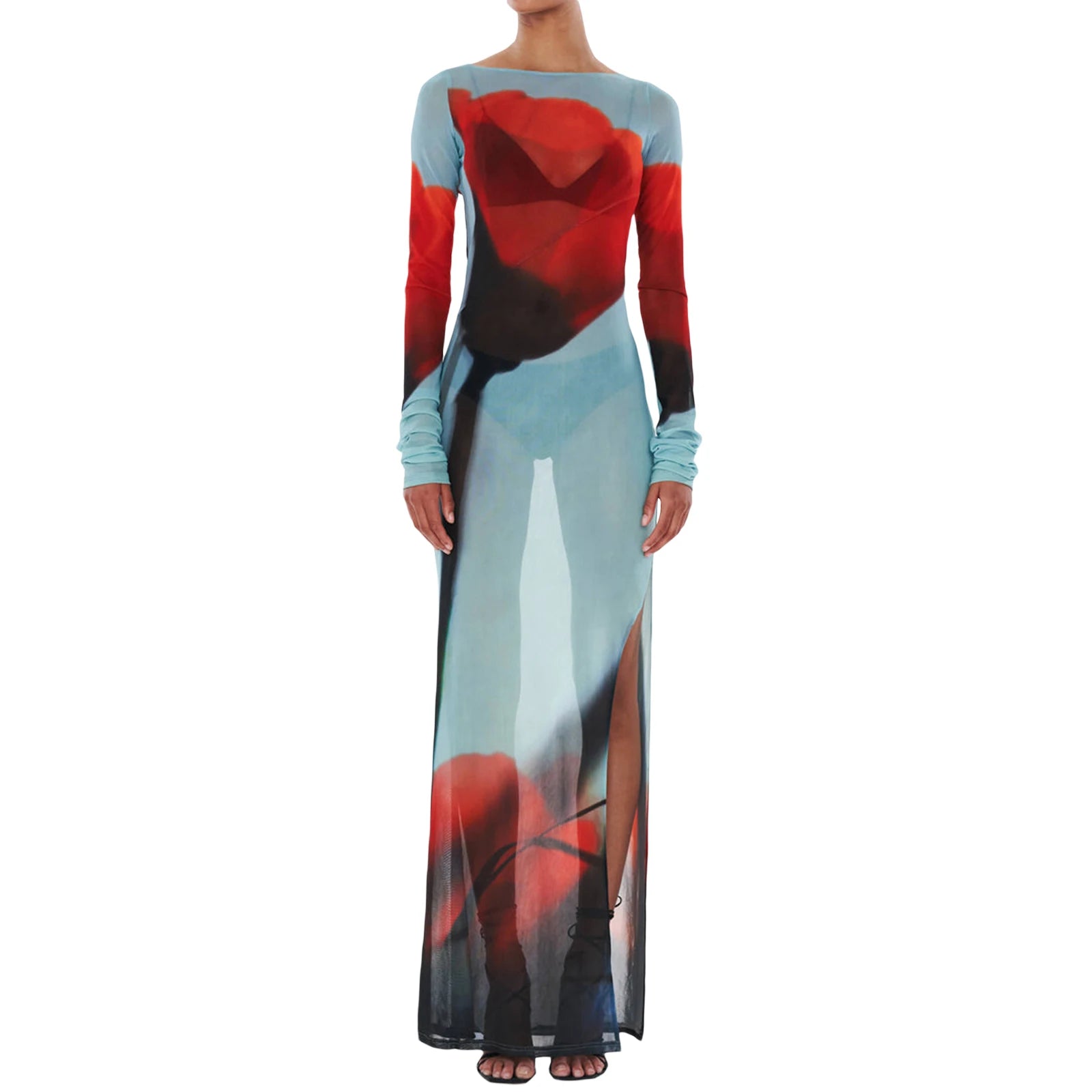 Yiiciovy Robe Longue Moulante Sexy pour Femme, Couverture de Maillot de Bain en Maille Transparente à Manches Longues, Imprimé Floral, Robe de Plage, Couverture de Bikini à Fente Latérale
