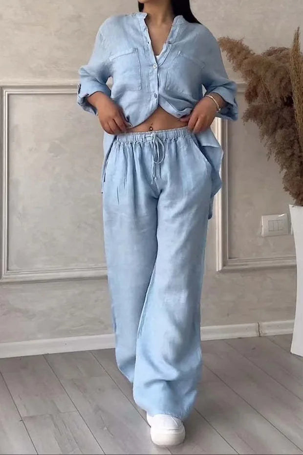 Ensemble femme en lin et coton – Chemise col V manches longues + Pantalon large taille mi-haute