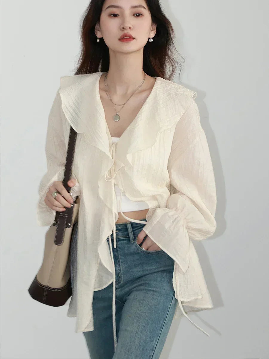 CHIC VEN Women Shirt Loose Casual Ruffled Edges Female Blouses Solid V Neck Lace Up Mid Length Ladies Shirts Spring Summer 2026