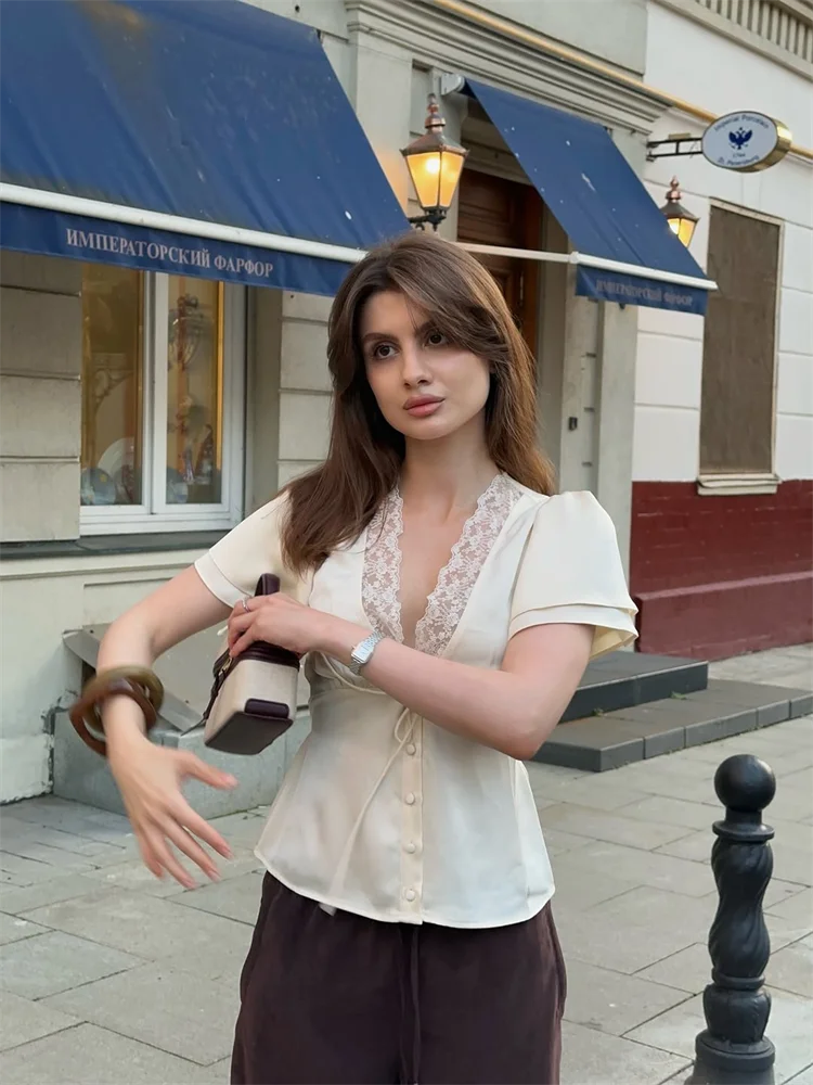 Women's V-Neck Lace Blouse – Button and Lace-Up Spring/Summer 2025