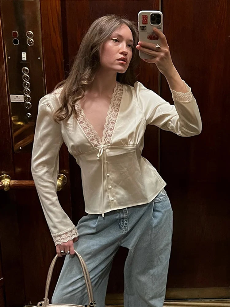 Women's V-Neck Lace Blouse – Button and Lace-Up Spring/Summer 2025