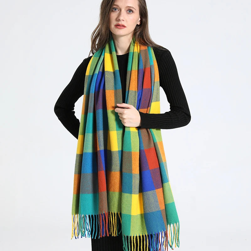 Women's Checkered Shawl Scarf – Soft & Warm Cashmere | 14 Colors