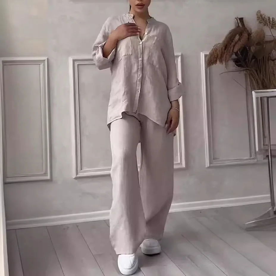 Ensemble femme en lin et coton – Chemise col V manches longues + Pantalon large taille mi-haute