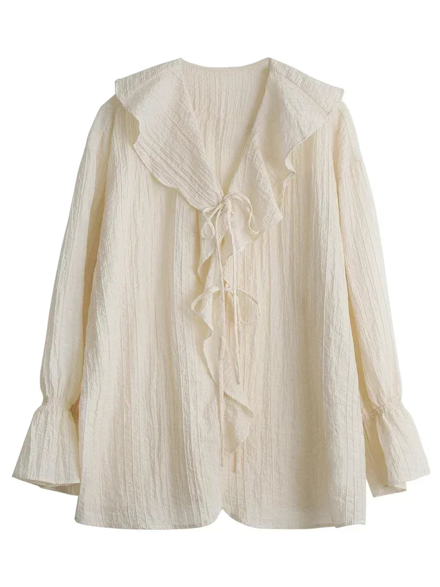 CHIC VEN Women Shirt Loose Casual Ruffled Edges Female Blouses Solid V Neck Lace Up Mid Length Ladies Shirts Spring Summer 2026