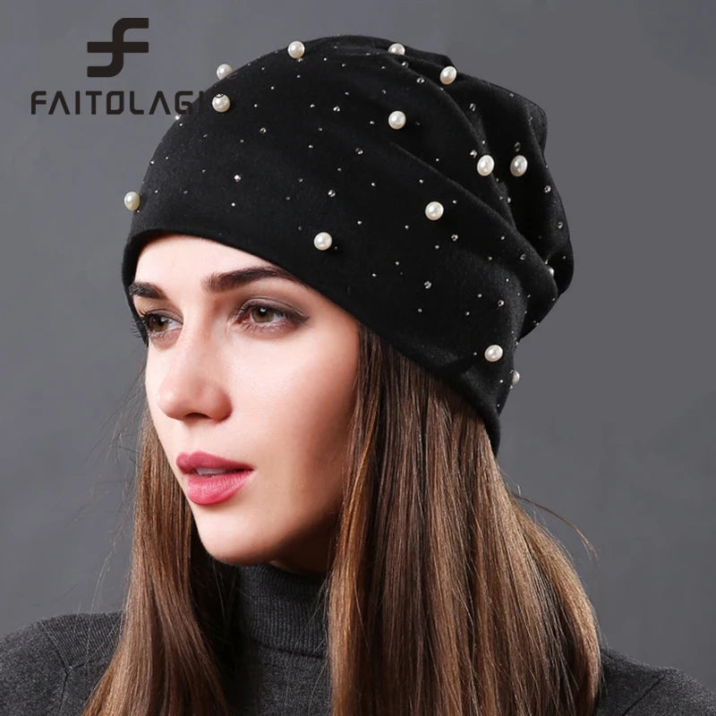 Women's Cotton Beanie – Pearls & Rhinestones, Soft, Casual Chic Spring-Autumn