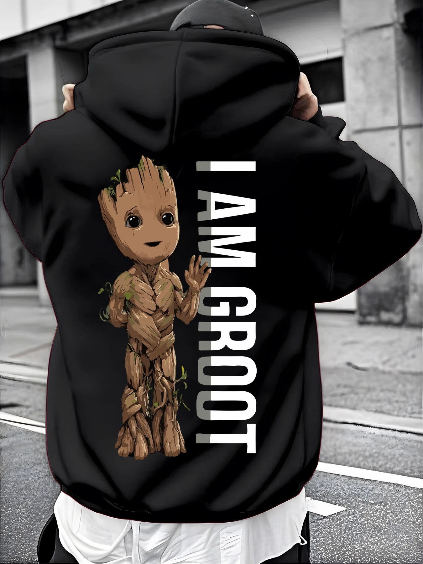 Men's Black Hoodie with Groot Print Guardians of The Galaxy Graphic Pullover 100% Cotton Casual Streetwear for Marvel Fans