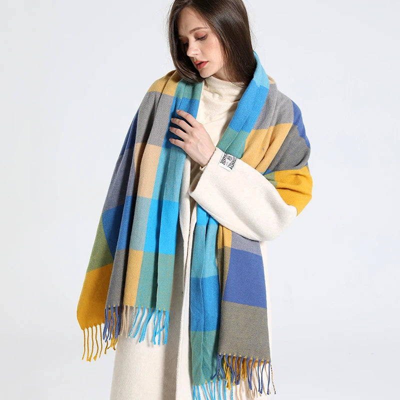 Women's Checkered Shawl Scarf – Soft & Warm Cashmere | 14 Colors