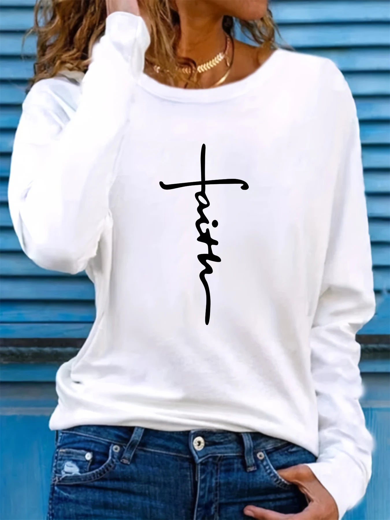 100% pure cotton women's spring and autumn loose comfortable faith cross graphic printed long sleeved round neck T-shirt