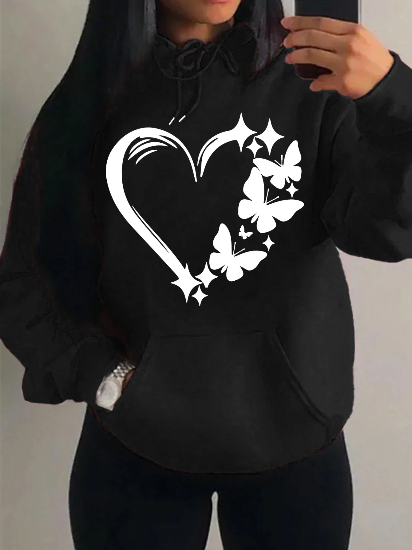 Sweat à capuche Femme Motif Amour et Papillon Hip Hop Streetwear Poches Vêtements Rétro Multicolore