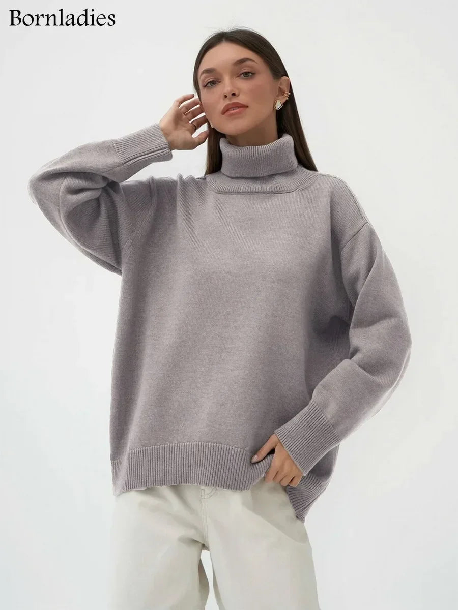 Bornladies Women Turtleneck Sweater CHIC Autumn Winter Thick Warm Pullover Top Oversized Casual Loose Knitted Jumper Female Pull