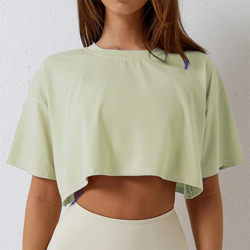 Cotton Women Short Sleeve Dance Running Clothes Yoga Fitness Crop Top  Navel Baring New Sport T-shirt Loose Gym Workout Shirts