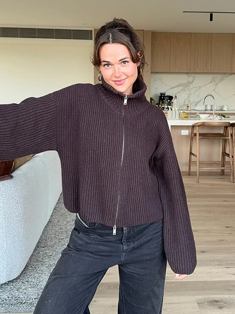 Casual Turtleneck Knitted Ribbed Women Sweater Loose Full Sleeve Zippers Cardigan 2026 Spring Fashion Lady Minimalist Outerwear