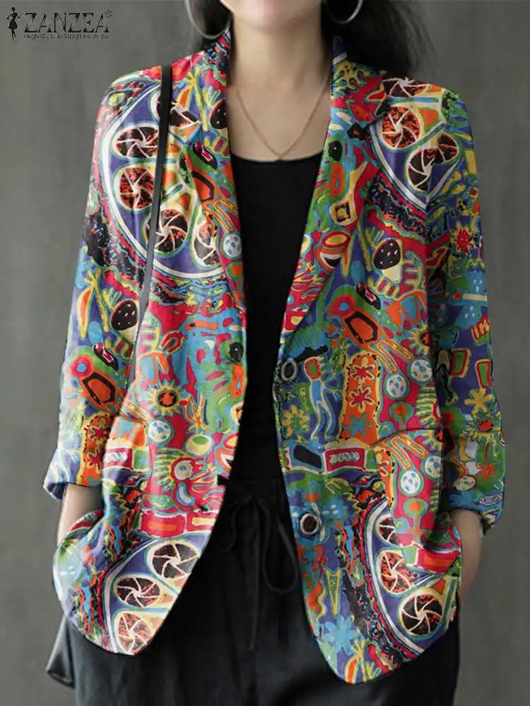 Women's Vintage Printed Blazer – Long Sleeves, Cotton, Autumn/Winter
