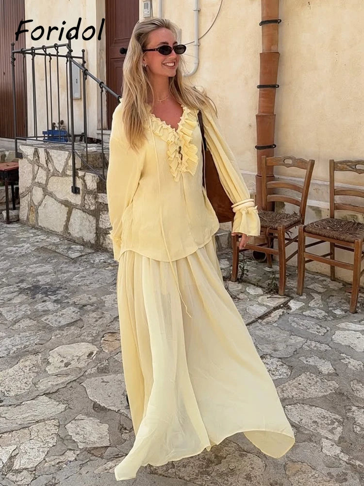 Ensemble assorti blouse jaune et jupe pour femmes, deux pièces décontractées amples, nouvelle collection printemps été 2025, ensemble robe couleur unie