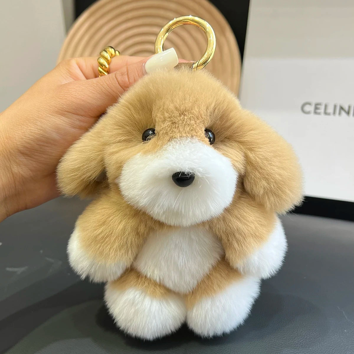 Genuine Rabbit Fur Pom-Pom Keychain – Cute Plush Dog | Bag Charm