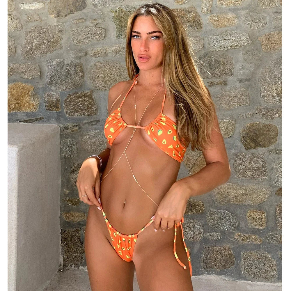 2026 New Sexy Low Bikini Set Swimwear Women Print Floral Brazilian Halter Backless Swimsuit Strappy Beachwear Dot biquini female