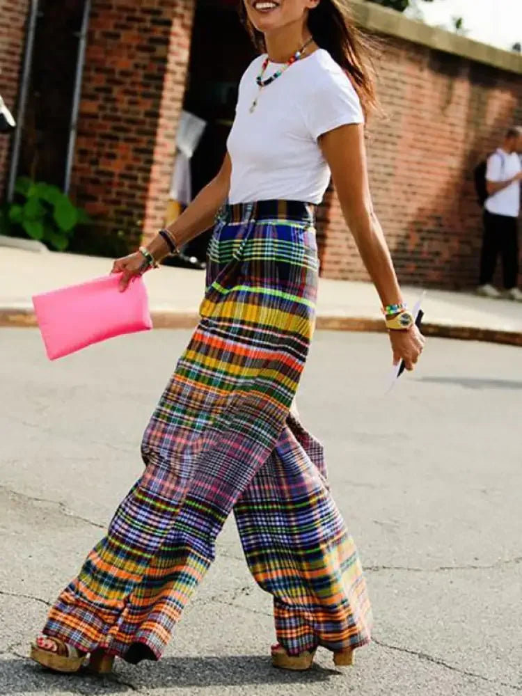 Women's Vintage Wide Leg Trousers – High Waist Checkered