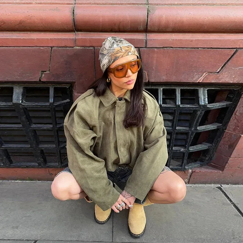 Women's Bomber Jacket – Suede Zip-Up Long Sleeves with Pockets | Streetwear Style