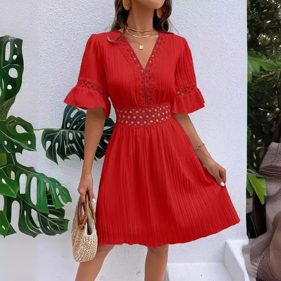 Women's Solid Dress 2026 New Summer Temperament Fashion Hollow Out V-neck Flared Sleeves Casual Women's Dress White Beach Dress