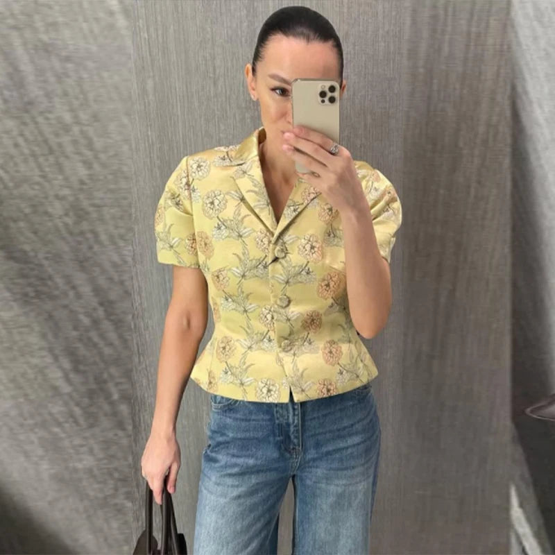 Elegant Floral Jacquard Jacket Skirt Set Women Slim Full Sleeve Print Lapel Button Jackets Long High Waist Skirts Fashion Suit