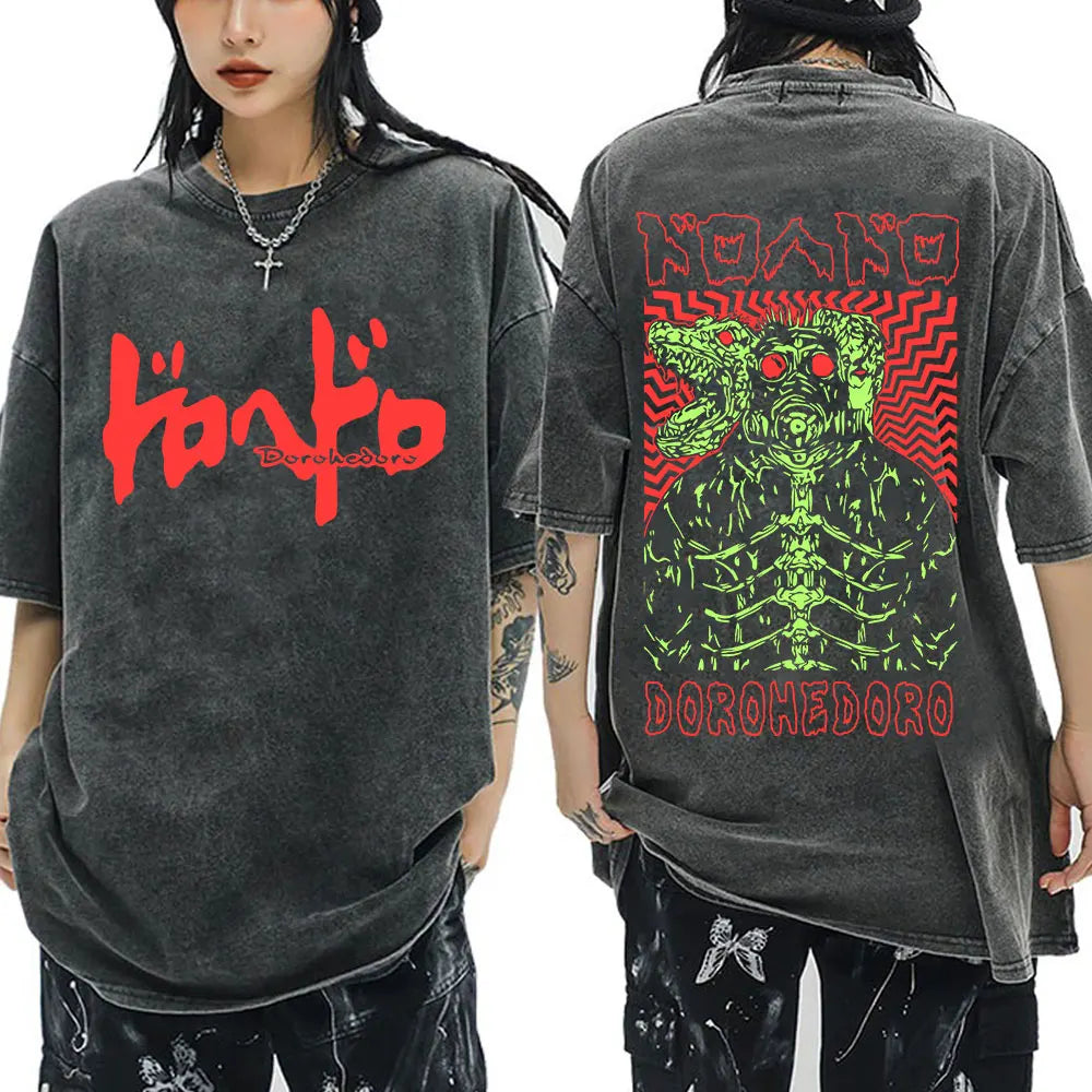 2026 Japanese Anime Dorohedoro Kaiman Vintage Washed T-shirt Men Women Cool Manga Graphic T-shirts Gothic Horror Tee Shirt