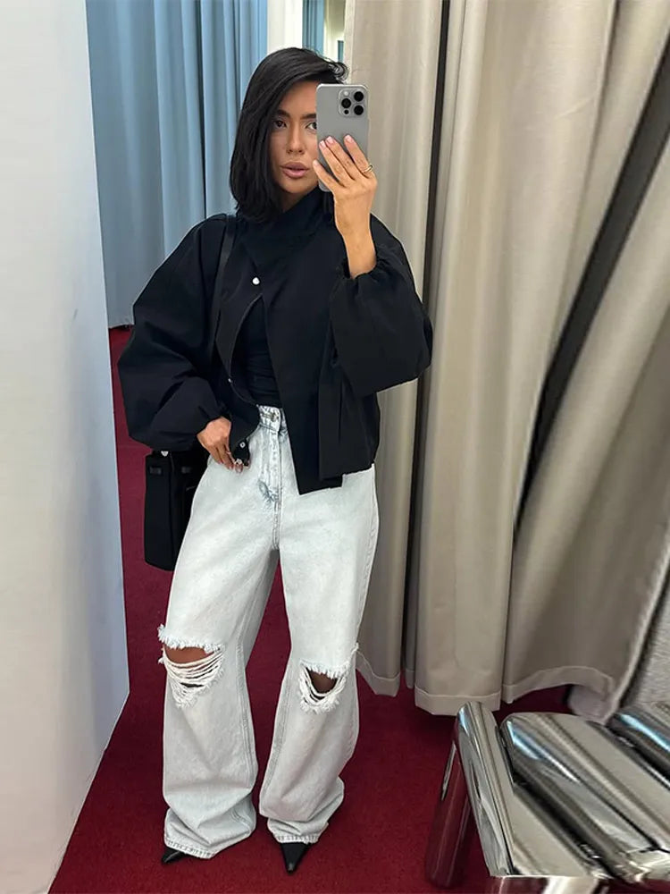 Women's Short Trench Coats Fashion Simple Design Solid Stand Long Sleeve Zipper Windbreaker 2025 Autumn New Casual Lady Jacket