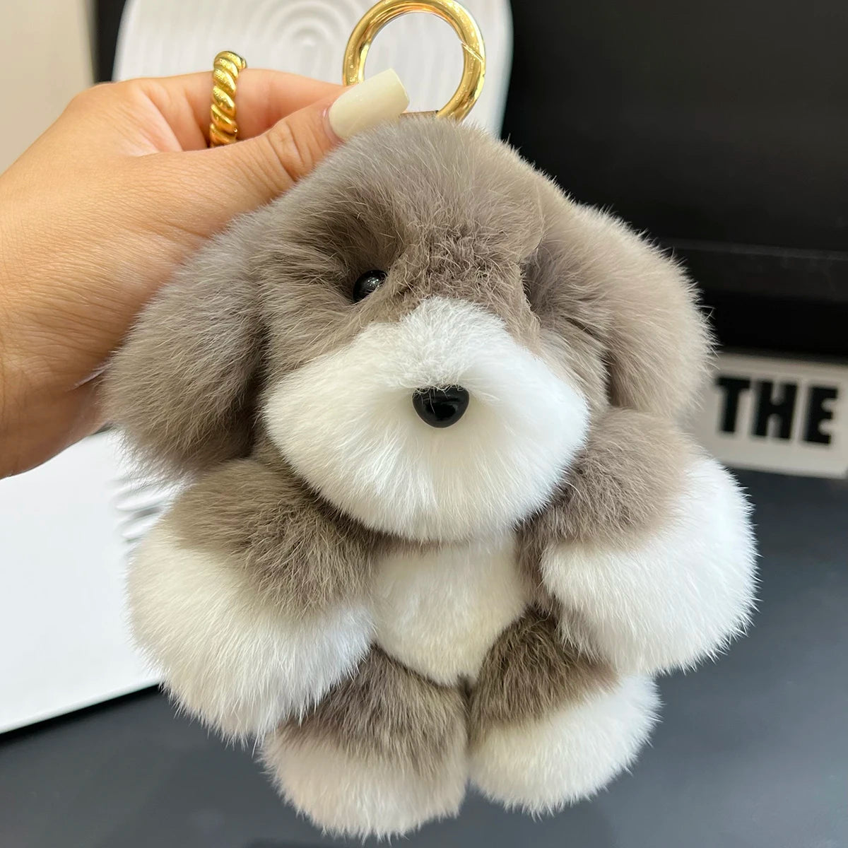 Genuine Rabbit Fur Pom-Pom Keychain – Cute Plush Dog | Bag Charm