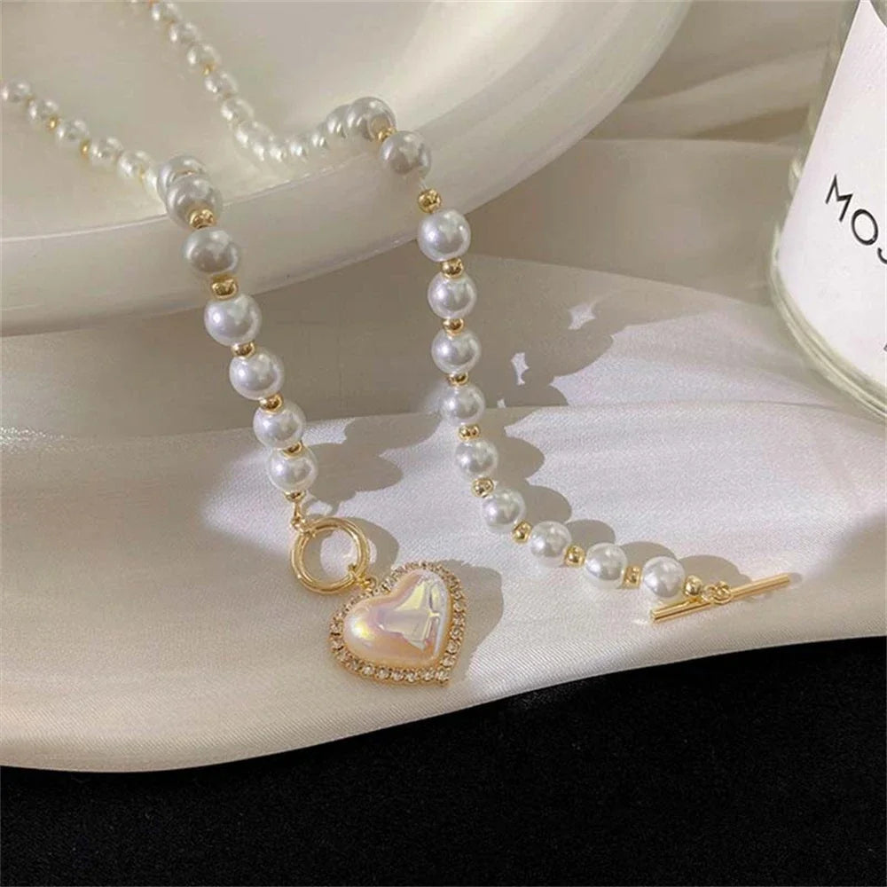Gold Plated Heart & Pearl Pendant Necklace – Korean Style Y2K Kawaii | Women's Jewelry