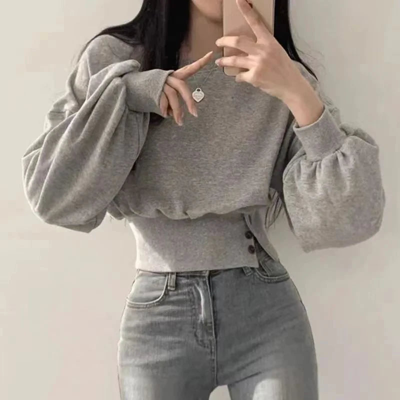 Women's Crop Top with Round Neck and Lantern Sleeves – Korean Streetwear Style