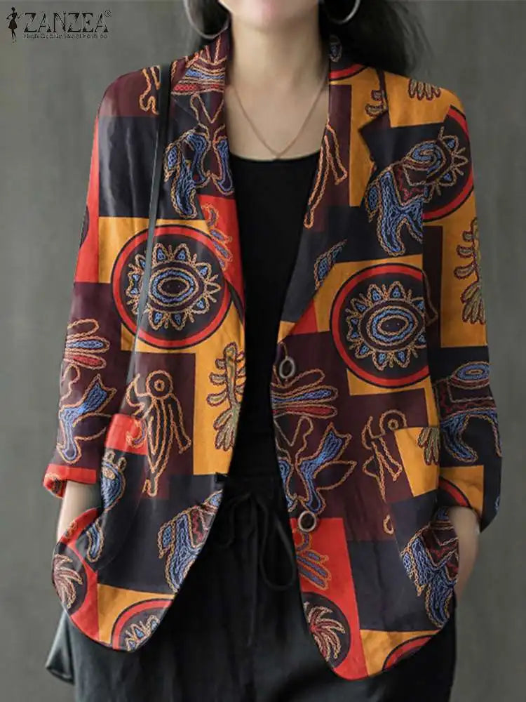 Women's Vintage Printed Blazer – Long Sleeves, Cotton, Autumn/Winter