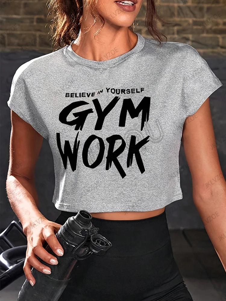 2026 New Arriavl Fitness Crop Top Summer Short Sleeve O-Neck T-shirt For Women Gym Work Printed Sports Tees Casual Y2k Tops
