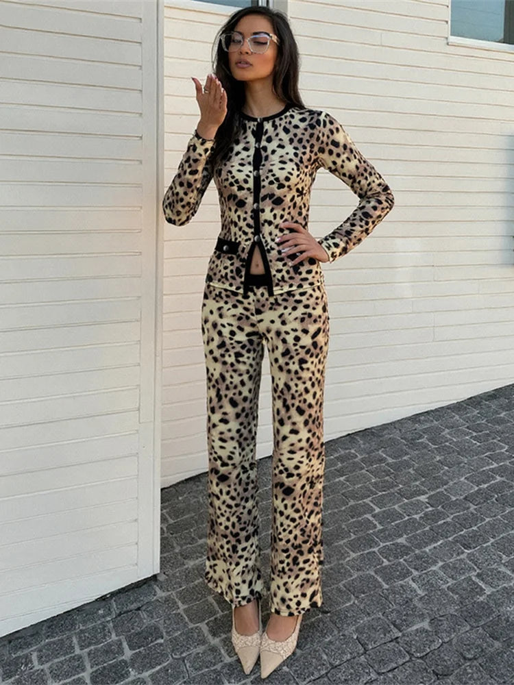 Street Patchwork 2 Piece Set Women Single-Breasted Cardigan Full Sleeve Tops+Straight Pants Fashion Simple Casual Set